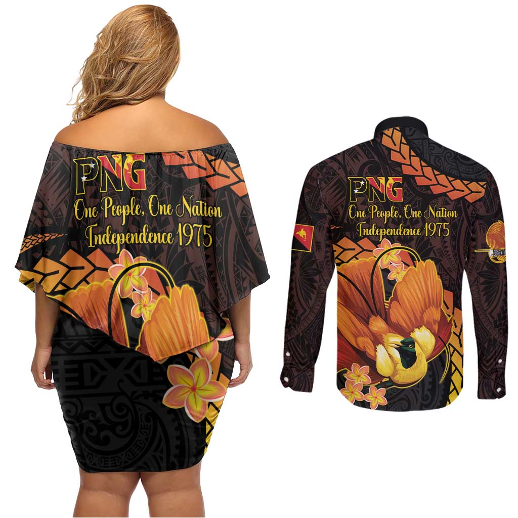 Papua New Guinea Independence Day Couples Matching Off Shoulder Short Dress and Long Sleeve Button Shirt 50th Anniversary Papua Niu Gini Bird Of Paradise LT14 - Polynesian Pride