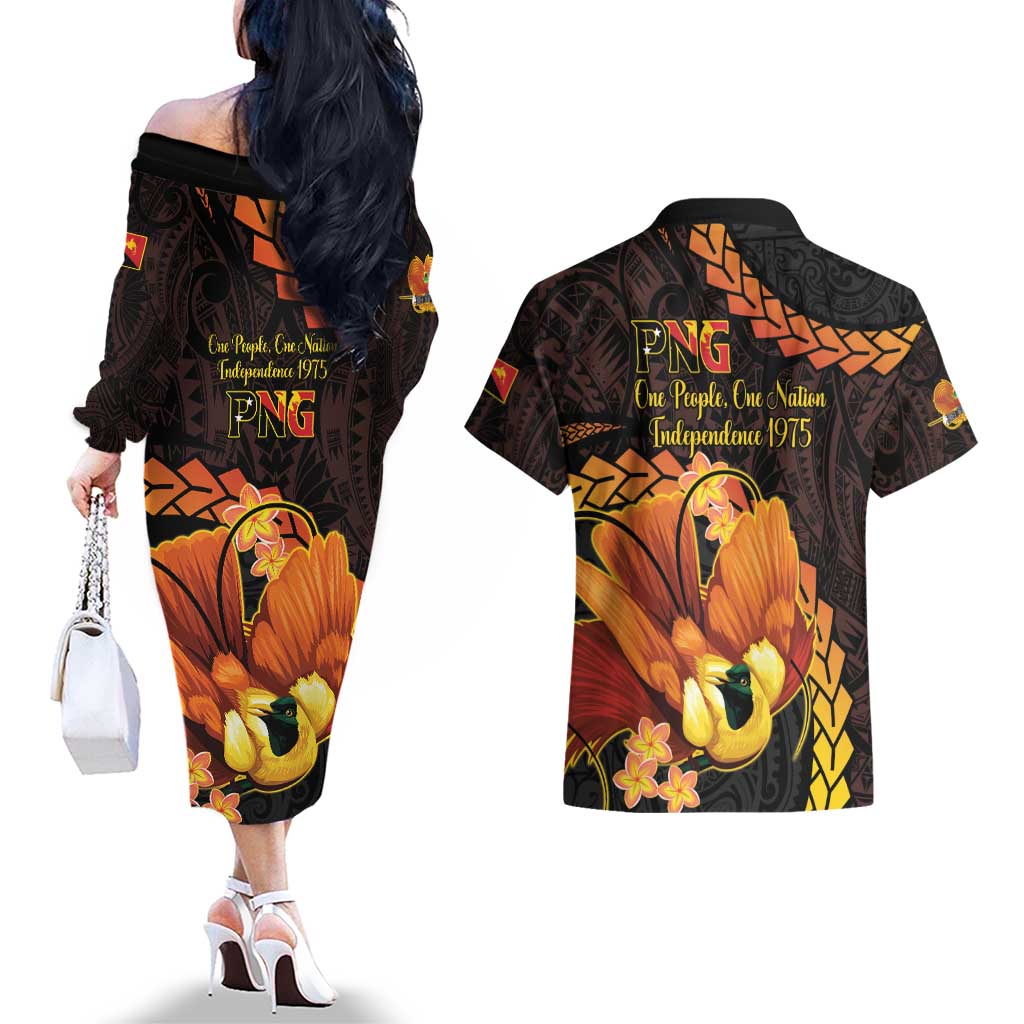 Papua New Guinea Independence Day Couples Matching Off The Shoulder Long Sleeve Dress and Hawaiian Shirt 50th Anniversary Papua Niu Gini Bird Of Paradise LT14 - Polynesian Pride