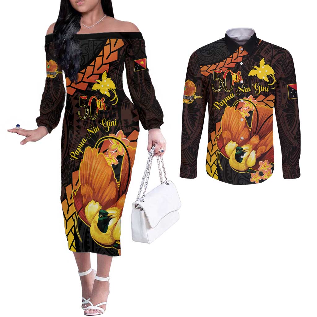 Papua New Guinea Independence Day Couples Matching Off The Shoulder Long Sleeve Dress and Long Sleeve Button Shirt 50th Anniversary Papua Niu Gini Bird Of Paradise LT14 Black - Polynesian Pride