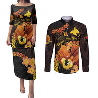 Papua New Guinea Independence Day Couples Matching Puletasi and Long Sleeve Button Shirt 50th Anniversary Papua Niu Gini Bird Of Paradise LT14 Black - Polynesian Pride