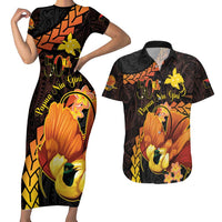 Papua New Guinea Independence Day Couples Matching Short Sleeve Bodycon Dress and Hawaiian Shirt 50th Anniversary Papua Niu Gini Bird Of Paradise LT14 Black - Polynesian Pride