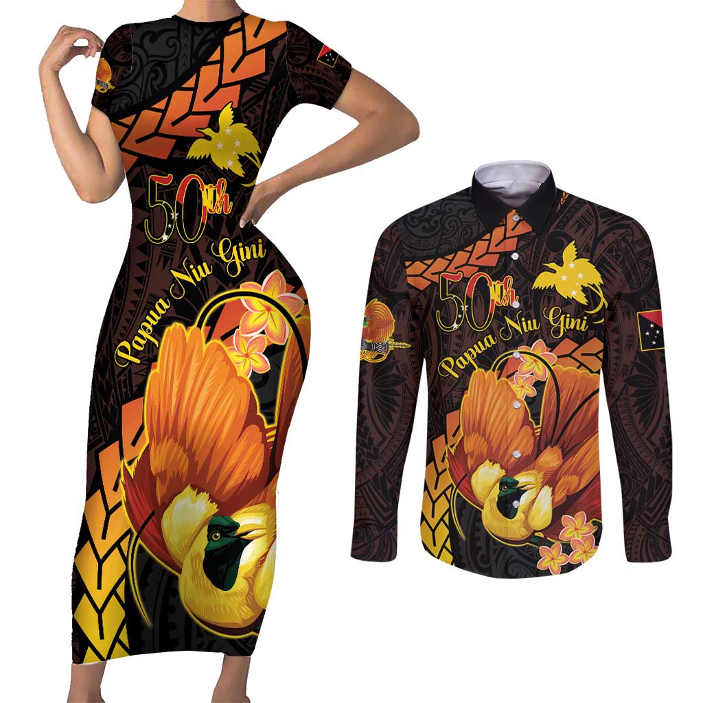 Papua New Guinea Independence Day Couples Matching Short Sleeve Bodycon Dress and Long Sleeve Button Shirt 50th Anniversary Papua Niu Gini Bird Of Paradise LT14 Black - Polynesian Pride