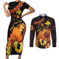 Papua New Guinea Independence Day Couples Matching Short Sleeve Bodycon Dress and Long Sleeve Button Shirt 50th Anniversary Papua Niu Gini Bird Of Paradise LT14 Black - Polynesian Pride