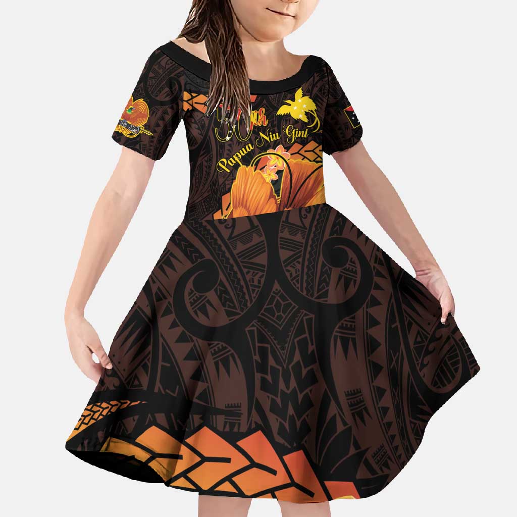 Papua New Guinea Independence Day Family Matching Long Sleeve Bodycon Dress and Hawaiian Shirt 50th Anniversary Papua Niu Gini Bird Of Paradise LT14 Daughter's Dress Black - Polynesian Pride