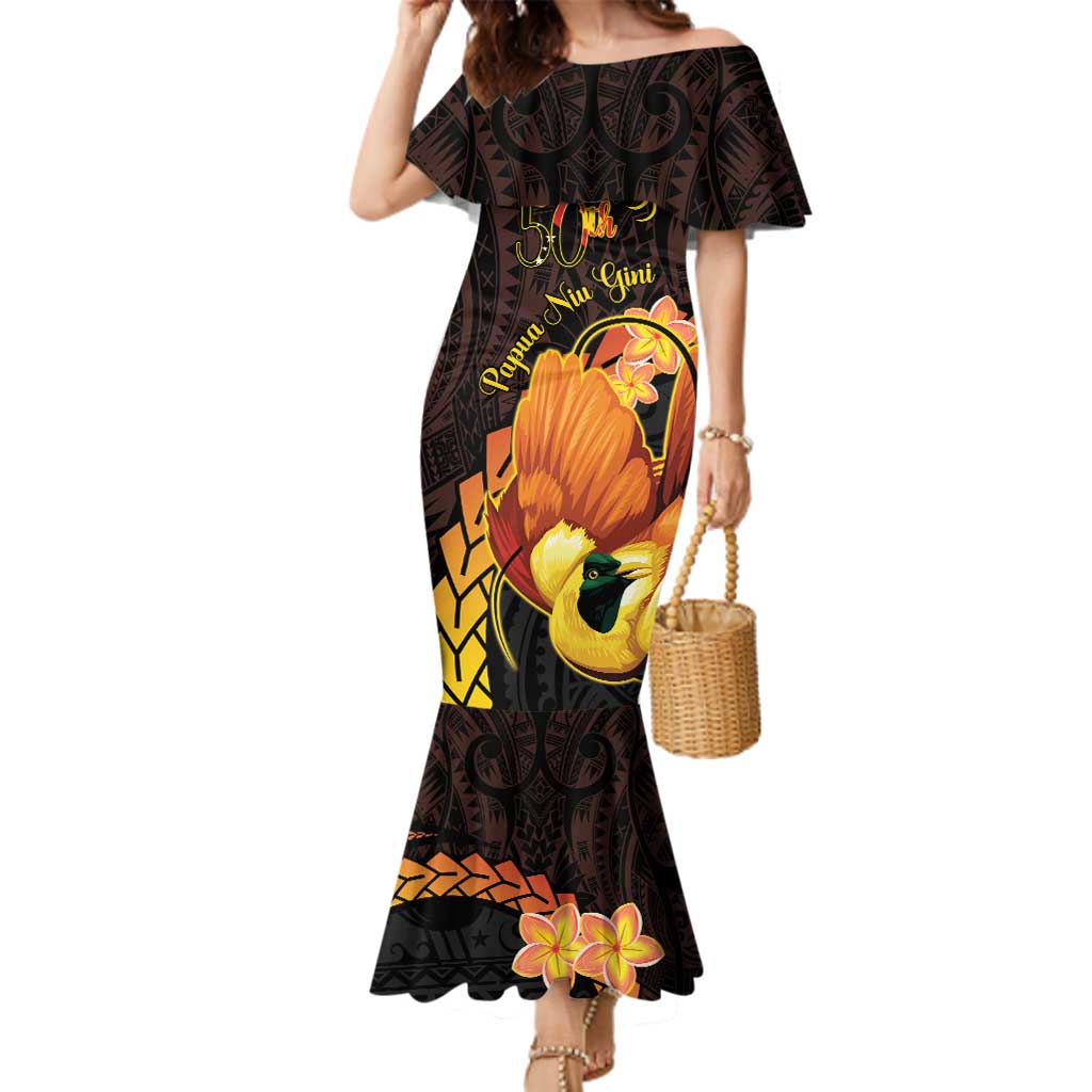 Papua New Guinea Independence Day Family Matching Mermaid Dress and Hawaiian Shirt 50th Anniversary Papua Niu Gini Bird Of Paradise LT14 Mom's Dress Black - Polynesian Pride