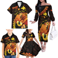 Papua New Guinea Independence Day Family Matching Off The Shoulder Long Sleeve Dress and Hawaiian Shirt 50th Anniversary Papua Niu Gini Bird Of Paradise LT14 - Polynesian Pride