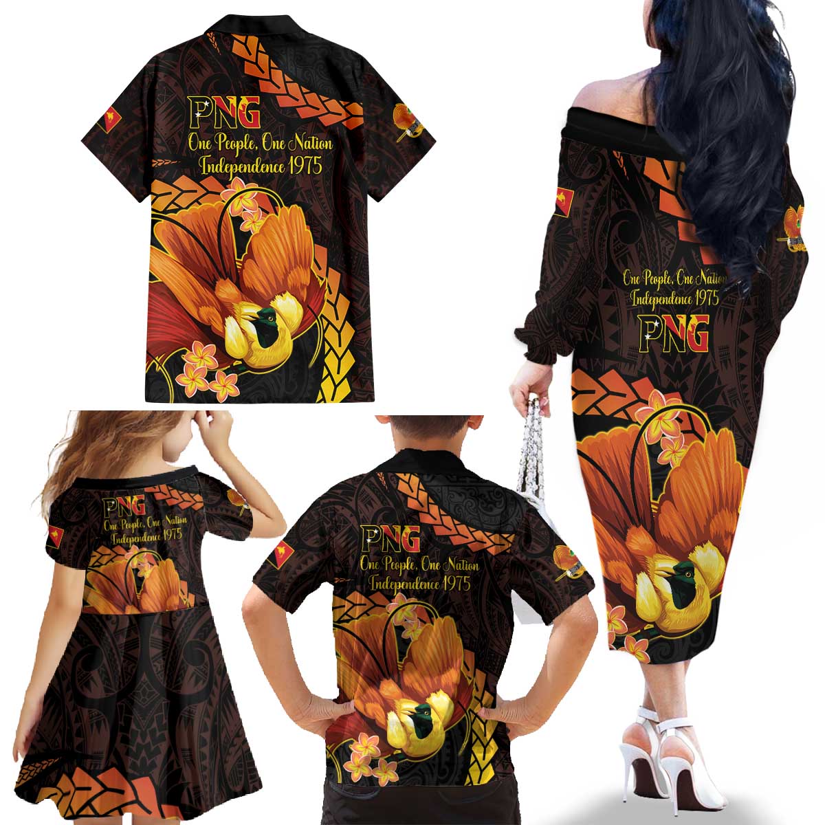 Papua New Guinea Independence Day Family Matching Off The Shoulder Long Sleeve Dress and Hawaiian Shirt 50th Anniversary Papua Niu Gini Bird Of Paradise LT14 - Polynesian Pride