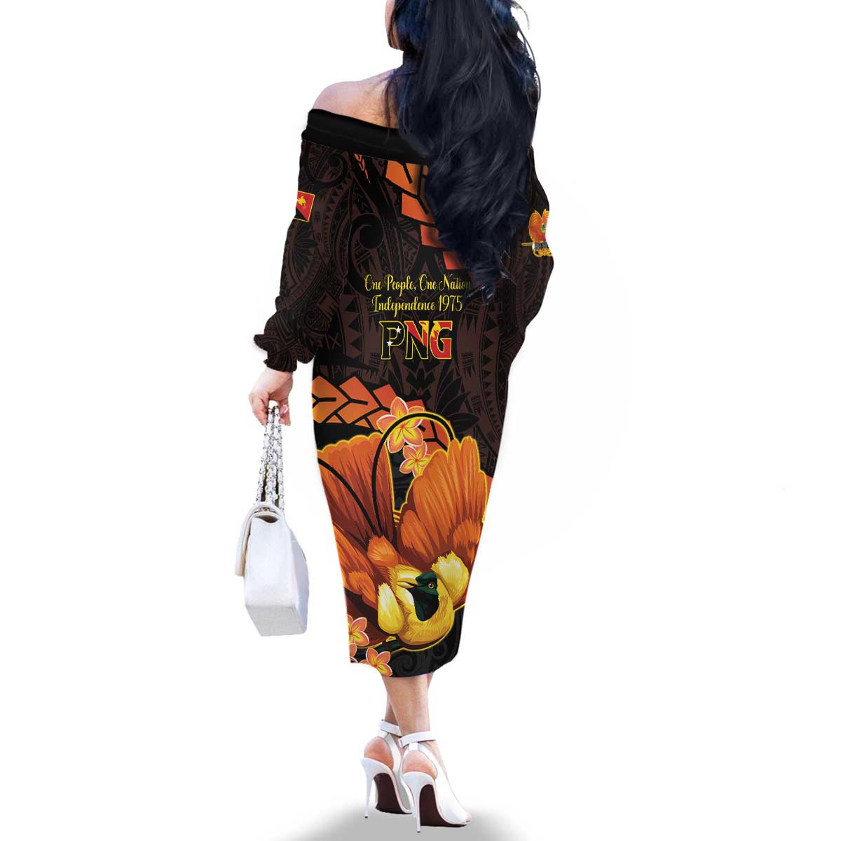 Papua New Guinea Independence Day Family Matching Off The Shoulder Long Sleeve Dress and Hawaiian Shirt 50th Anniversary Papua Niu Gini Bird Of Paradise LT14 - Polynesian Pride