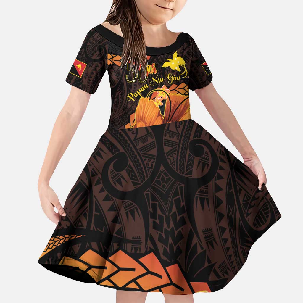 Papua New Guinea Independence Day Family Matching Off Shoulder Maxi Dress and Hawaiian Shirt 50th Anniversary Papua Niu Gini Bird Of Paradise LT14 Daughter's Dress Black - Polynesian Pride