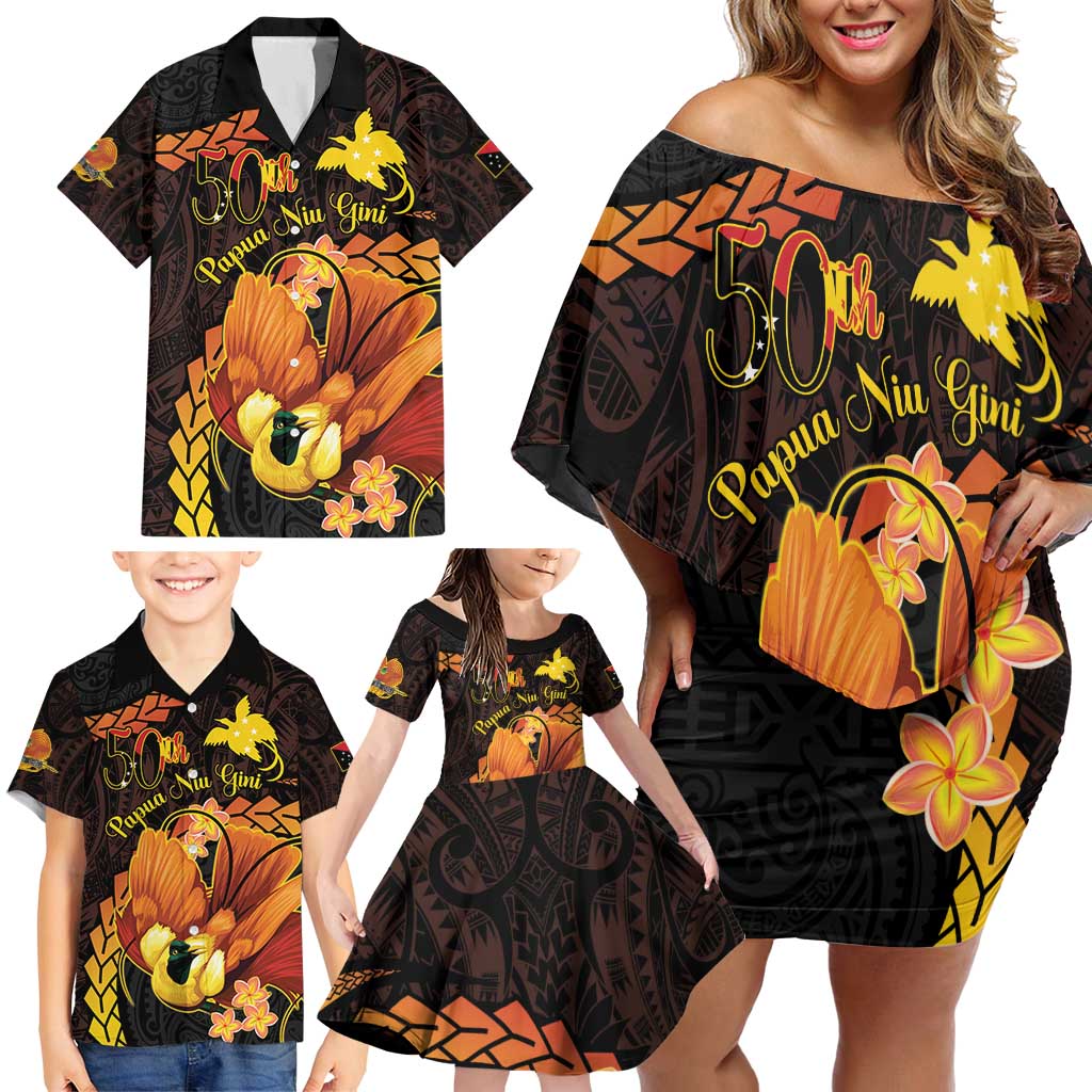 Papua New Guinea Independence Day Family Matching Off Shoulder Short Dress and Hawaiian Shirt 50th Anniversary Papua Niu Gini Bird Of Paradise LT14 - Polynesian Pride