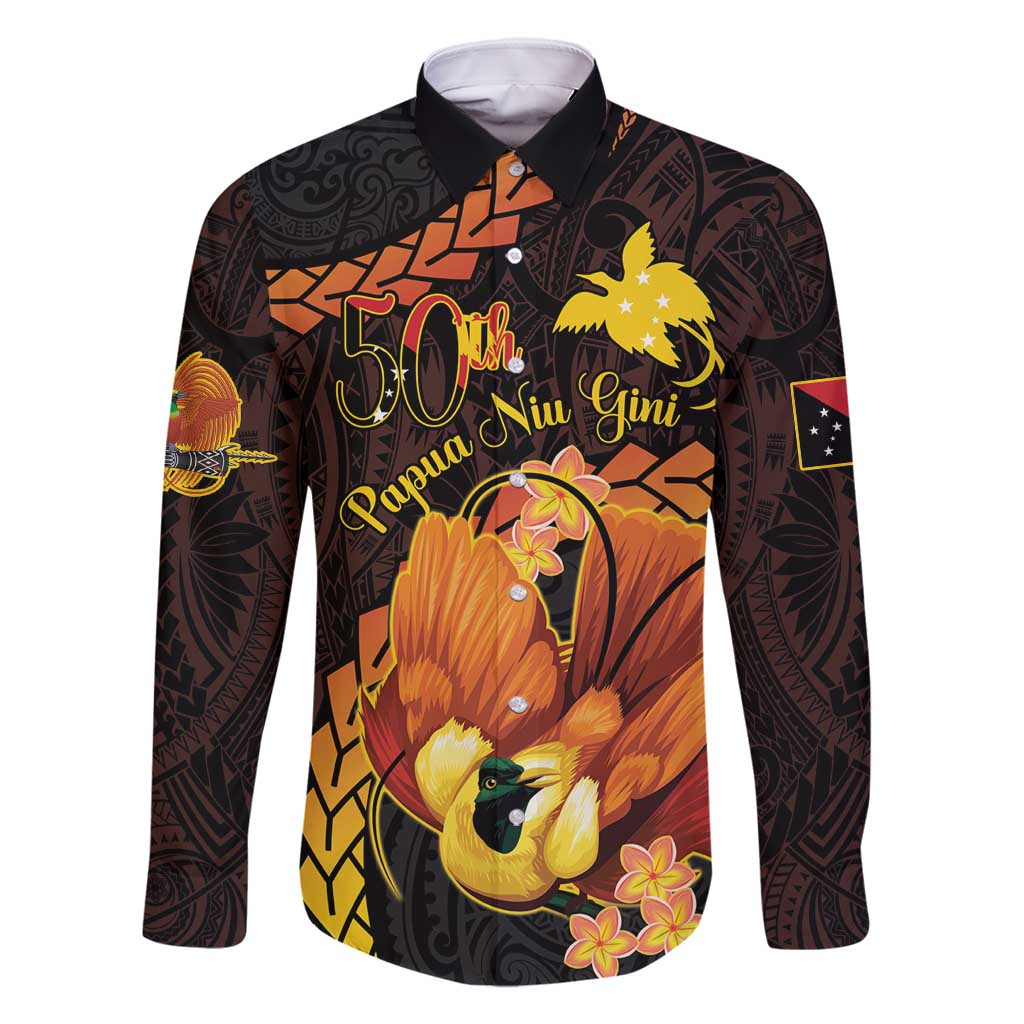 Papua New Guinea Independence Day Family Matching Off Shoulder Short Dress and Hawaiian Shirt 50th Anniversary Papua Niu Gini Bird Of Paradise LT14 Dad's Shirt - Long Sleeve Black - Polynesian Pride