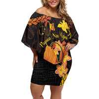 Papua New Guinea Independence Day Family Matching Off Shoulder Short Dress and Hawaiian Shirt 50th Anniversary Papua Niu Gini Bird Of Paradise LT14 Mom's Dress Black - Polynesian Pride