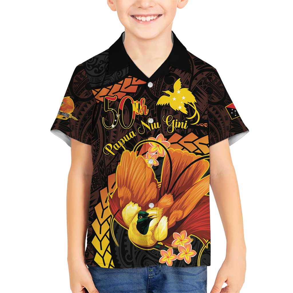 Papua New Guinea Independence Day Family Matching Tank Maxi Dress and Hawaiian Shirt 50th Anniversary Papua Niu Gini Bird Of Paradise LT14 Son's Shirt Black - Polynesian Pride