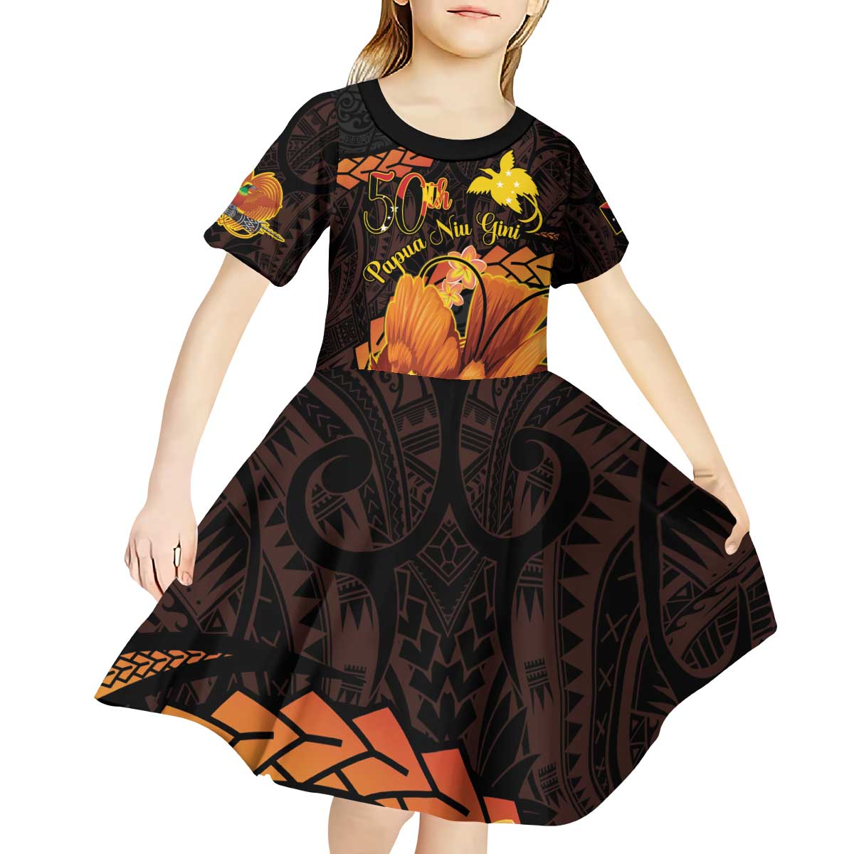 Papua New Guinea Independence Day Kid Short Sleeve Dress 50th Anniversary Papua Niu Gini Bird Of Paradise LT14 - Polynesian Pride
