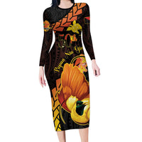 Papua New Guinea Independence Day Long Sleeve Bodycon Dress 50th Anniversary Papua Niu Gini Bird Of Paradise LT14 Long Dress Black - Polynesian Pride