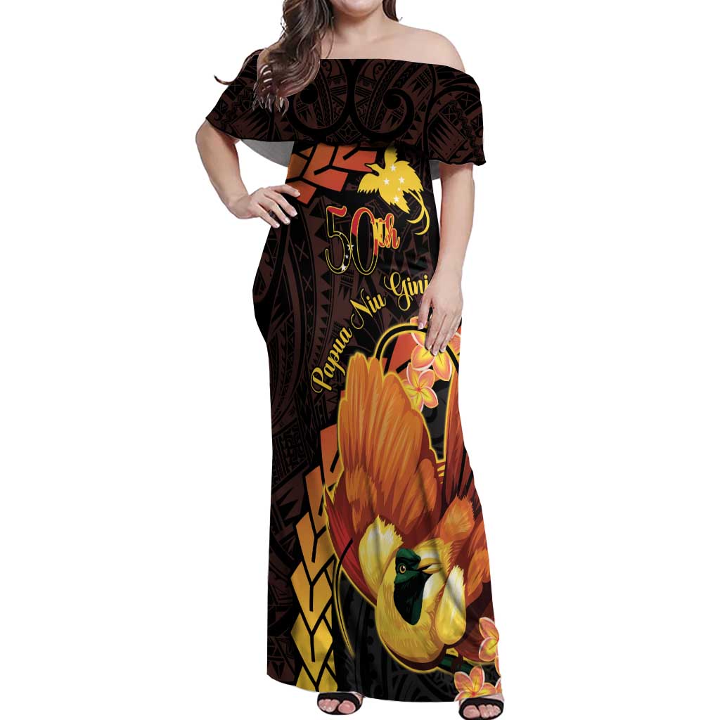 Papua New Guinea Independence Day Off Shoulder Maxi Dress 50th Anniversary Papua Niu Gini Bird Of Paradise LT14 Women Black - Polynesian Pride