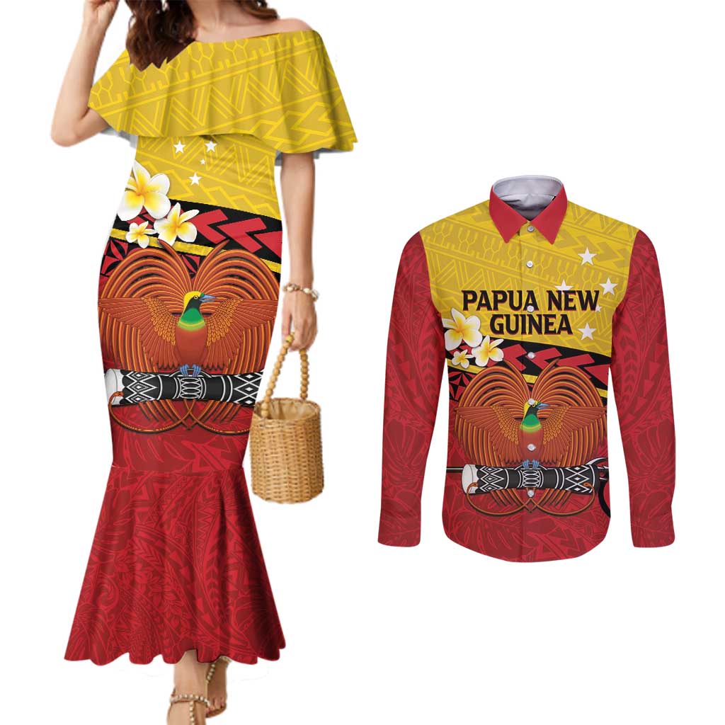 Papua New Guinea Independence Day Couples Matching Mermaid Dress and Long Sleeve Button Shirt Since 1975 Unity In Diversity