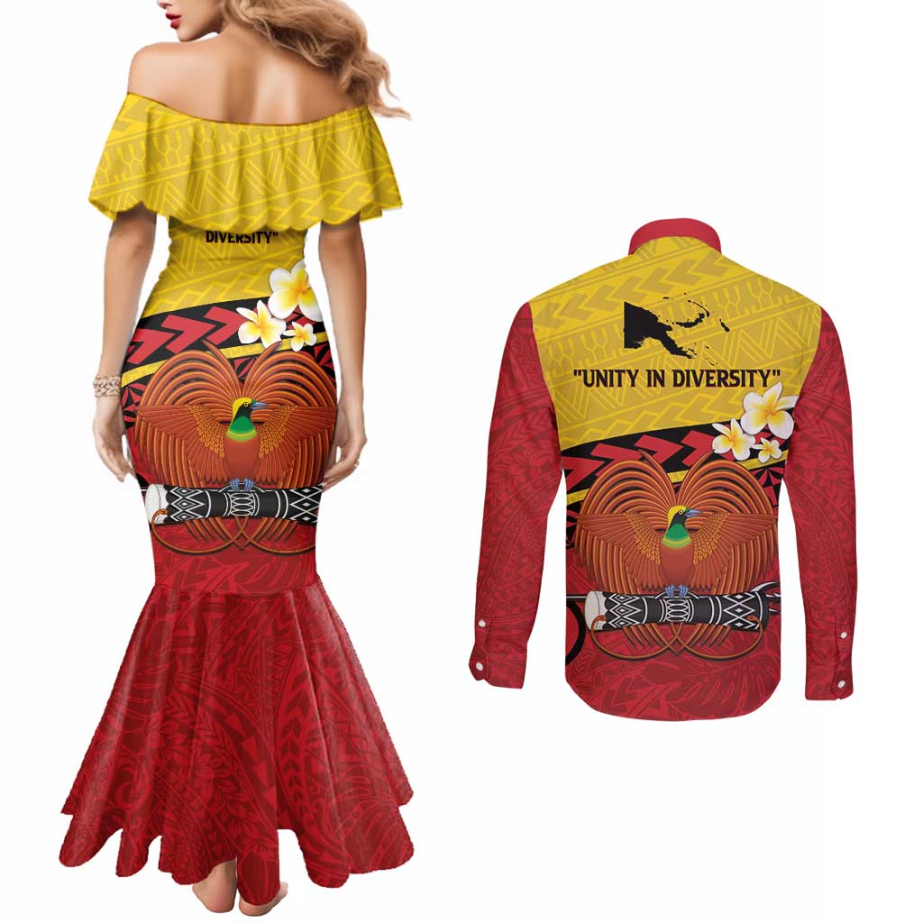 Papua New Guinea Independence Day Couples Matching Mermaid Dress and Long Sleeve Button Shirt Since 1975 Unity In Diversity