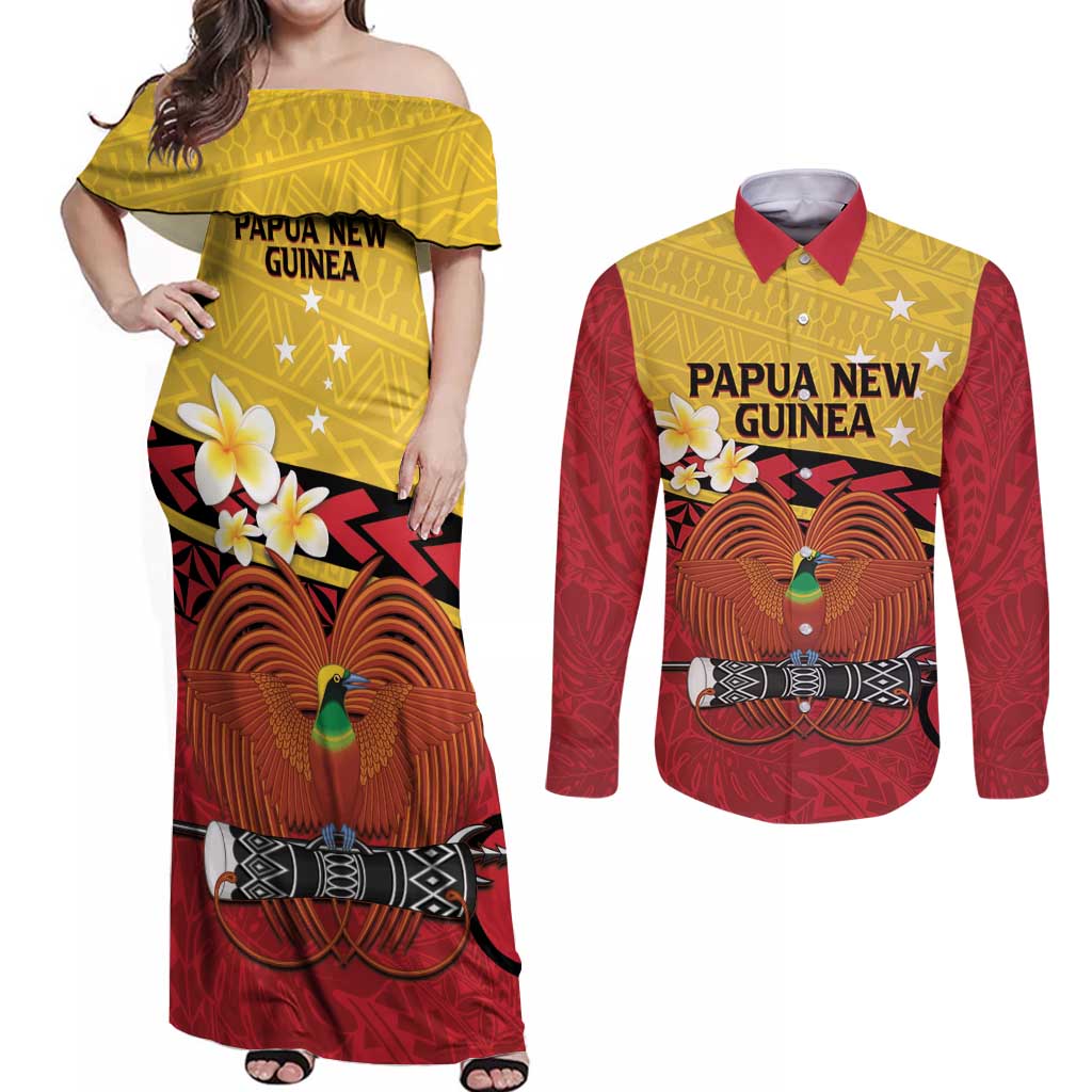 Papua New Guinea Independence Day Couples Matching Off Shoulder Maxi Dress and Long Sleeve Button Shirt Since 1975 Unity In Diversity