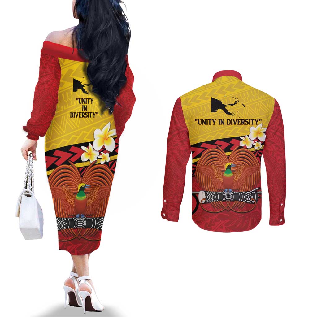 Papua New Guinea Independence Day Couples Matching Off The Shoulder Long Sleeve Dress and Long Sleeve Button Shirt Since 1975 Unity In Diversity