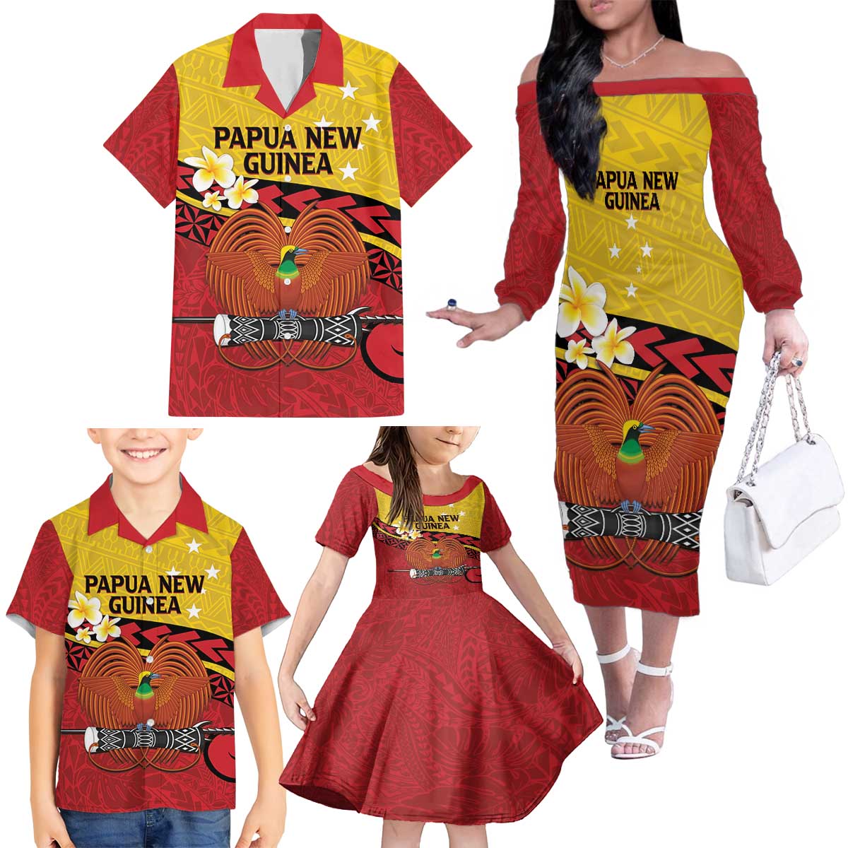 Papua New Guinea Independence Day Family Matching Off The Shoulder Long Sleeve Dress and Hawaiian Shirt Since 1975 Unity In Diversity LT14 - Polynesian Pride