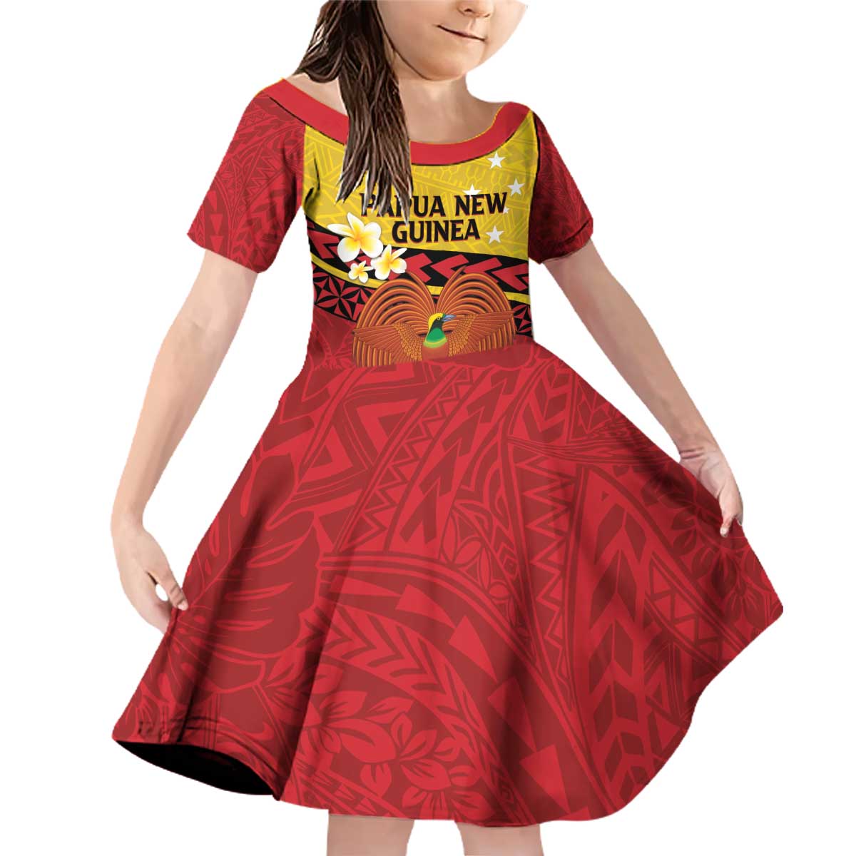 Papua New Guinea Independence Day Family Matching Off Shoulder Short Dress and Hawaiian Shirt Since 1975 Unity In Diversity LT14 Daughter's Dress Red - Polynesian Pride