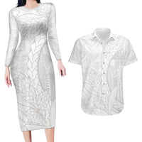 Samoa White Sunday Couples Matching Long Sleeve Bodycon Dress and Hawaiian Shirt Lotu Tamaiti Siapo With Teuila LT14 White - Polynesian Pride