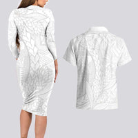 Samoa White Sunday Couples Matching Long Sleeve Bodycon Dress and Hawaiian Shirt Lotu Tamaiti Siapo With Teuila LT14 - Polynesian Pride