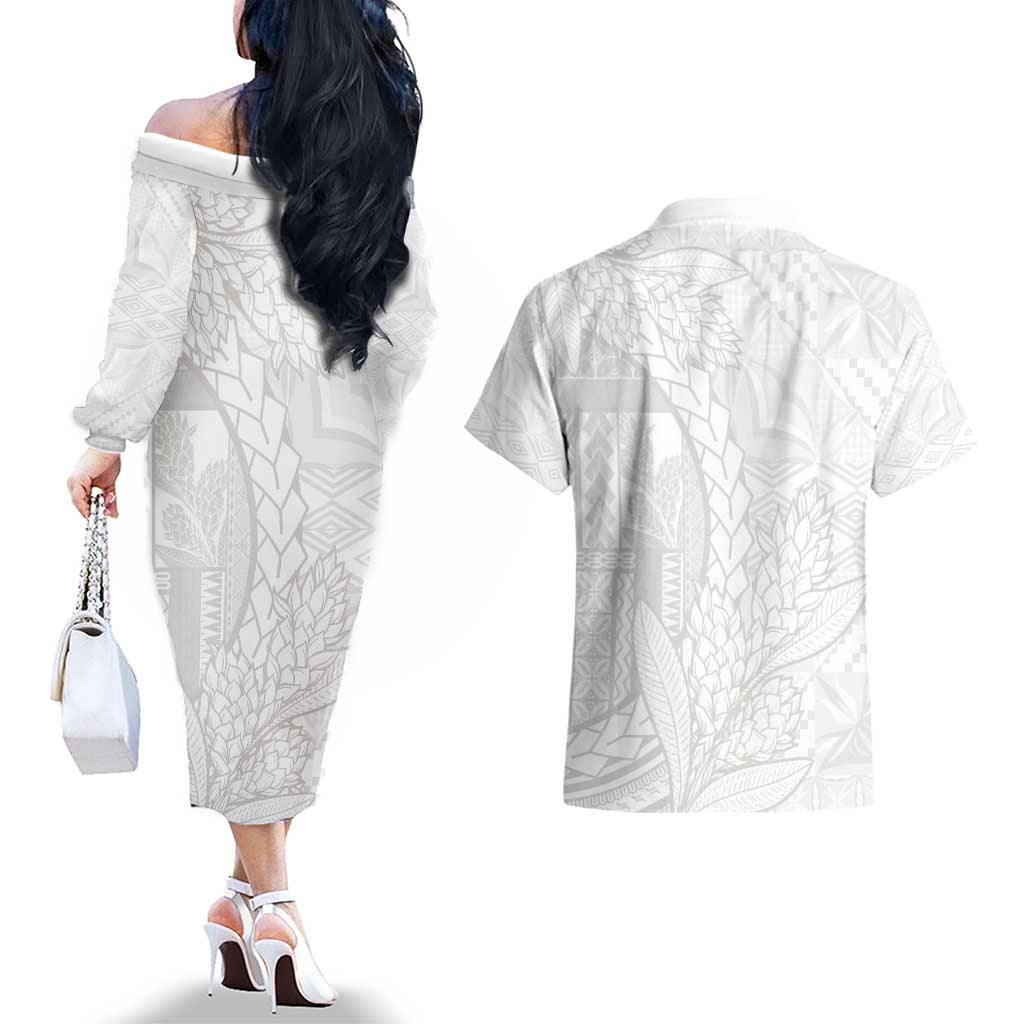 Samoa White Sunday Couples Matching Off The Shoulder Long Sleeve Dress and Hawaiian Shirt Lotu Tamaiti Siapo With Teuila LT14 - Polynesian Pride