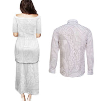 Samoa White Sunday Couples Matching Puletasi and Long Sleeve Button Shirt Lotu Tamaiti Siapo With Teuila