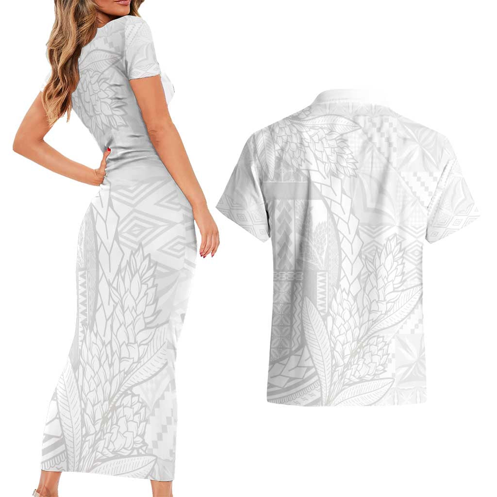 Samoa White Sunday Couples Matching Short Sleeve Bodycon Dress and Hawaiian Shirt Lotu Tamaiti Siapo With Teuila LT14 - Polynesian Pride
