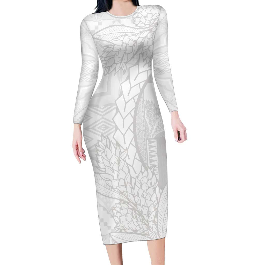 Samoa White Sunday Family Matching Long Sleeve Bodycon Dress and Hawaiian Shirt Lotu Tamaiti Siapo With Teuila LT14 Mom's Dress White - Polynesian Pride