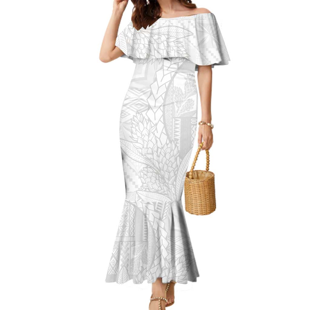Samoa White Sunday Family Matching Mermaid Dress and Hawaiian Shirt Lotu Tamaiti Siapo With Teuila LT14 Mom's Dress White - Polynesian Pride