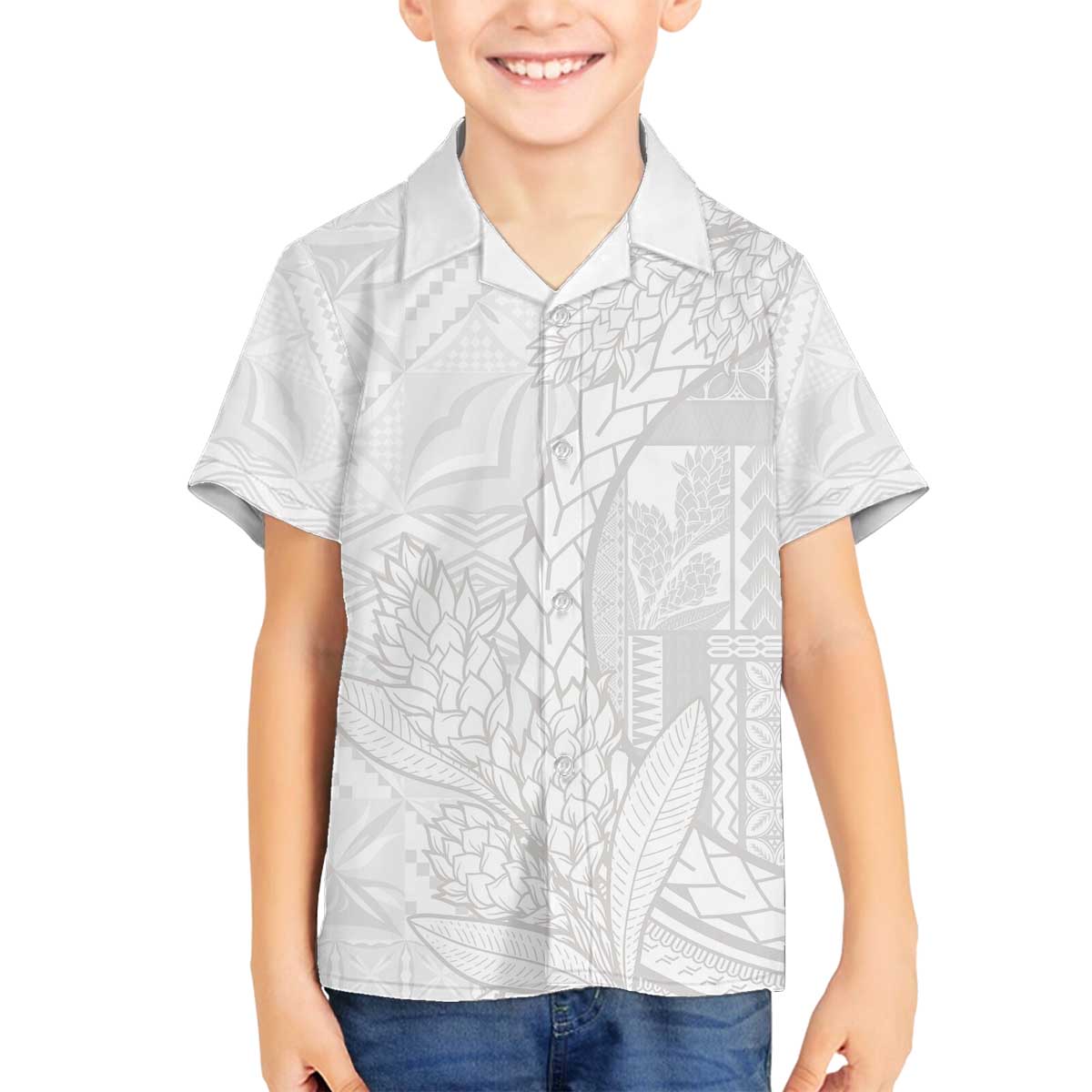 Samoa White Sunday Family Matching Off The Shoulder Long Sleeve Dress and Hawaiian Shirt Lotu Tamaiti Siapo With Teuila LT14 Son's Shirt White - Polynesian Pride