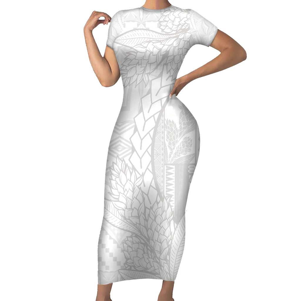 Samoa White Sunday Family Matching Short Sleeve Bodycon Dress and Hawaiian Shirt Lotu Tamaiti Siapo With Teuila LT14 Mom's Dress White - Polynesian Pride