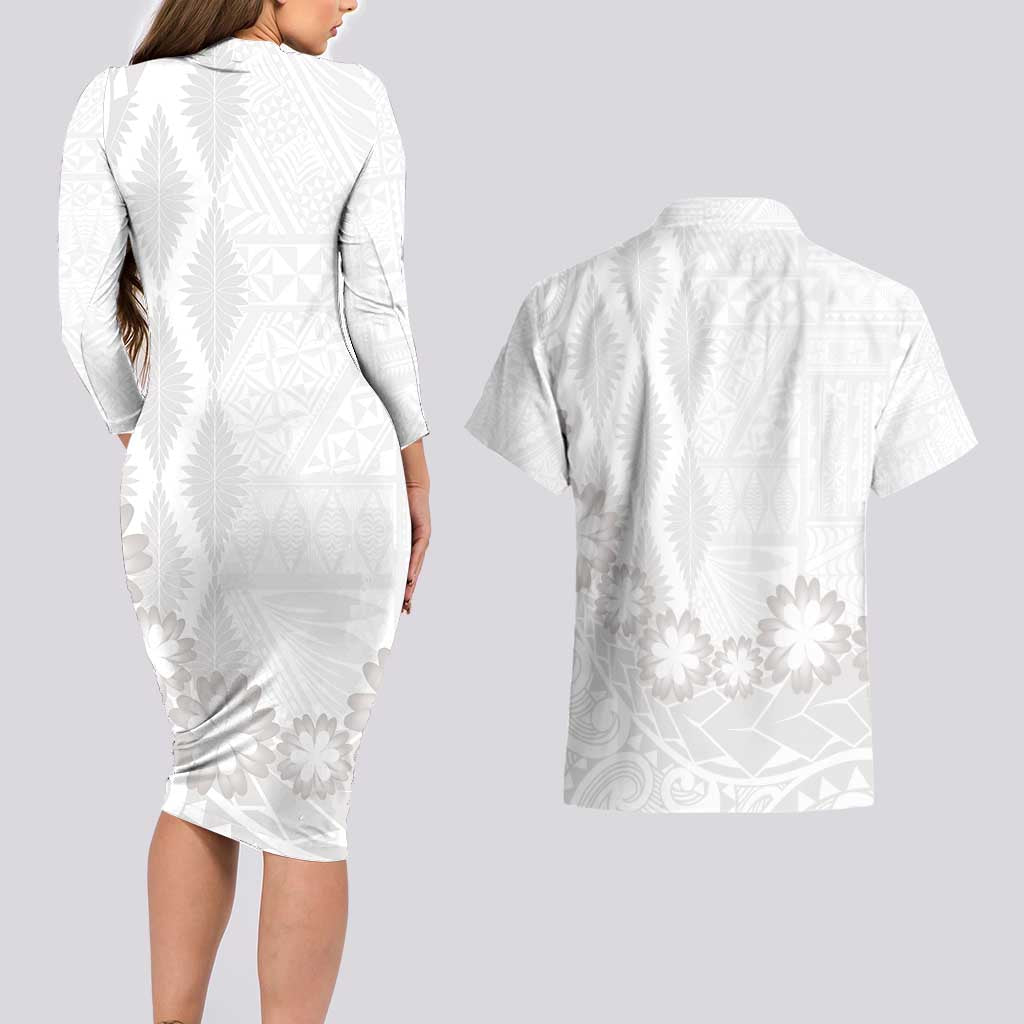 Tonga White Sunday Couples Matching Long Sleeve Bodycon Dress and Hawaiian Shirt Manuia le Aso Sa o Tamaiti Heilala With Ngatu Pattern LT14 - Polynesian Pride