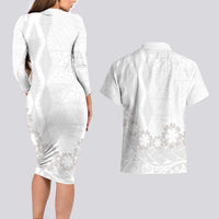 Tonga White Sunday Couples Matching Long Sleeve Bodycon Dress and Hawaiian Shirt Manuia le Aso Sa o Tamaiti Heilala With Ngatu Pattern LT14 - Polynesian Pride