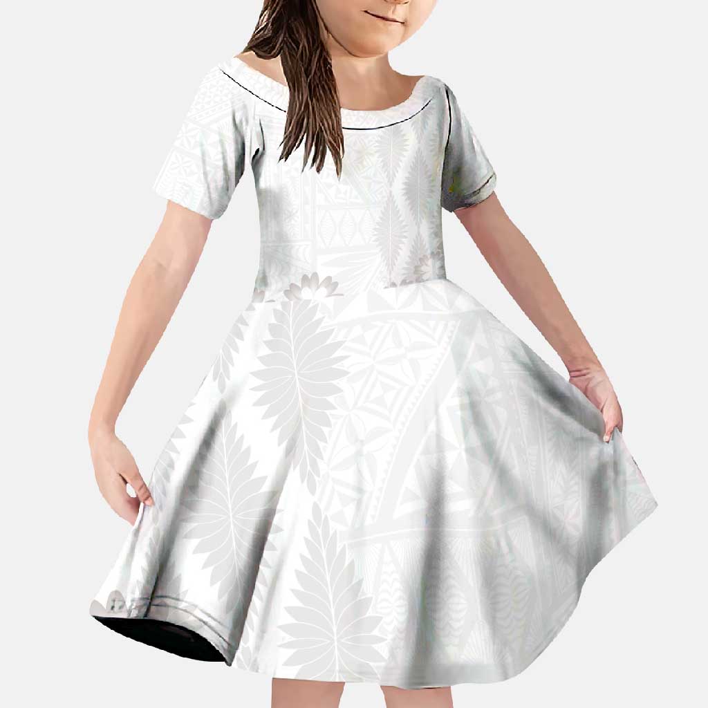 Tonga White Sunday Family Matching Long Sleeve Bodycon Dress and Hawaiian Shirt Manuia le Aso Sa o Tamaiti Heilala With Ngatu Pattern LT14 Daughter's Dress White - Polynesian Pride