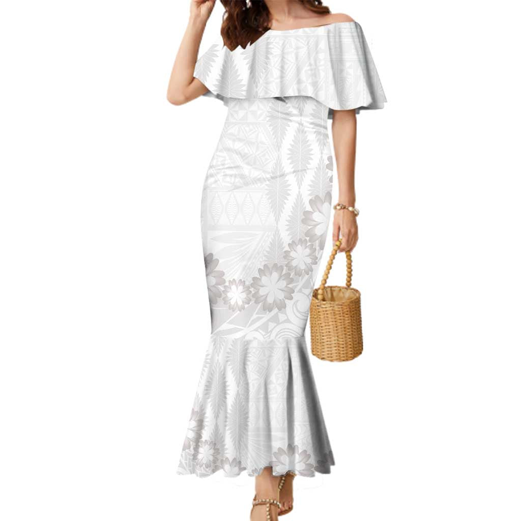 Tonga White Sunday Family Matching Mermaid Dress and Hawaiian Shirt Manuia le Aso Sa o Tamaiti Heilala With Ngatu Pattern LT14 Mom's Dress White - Polynesian Pride