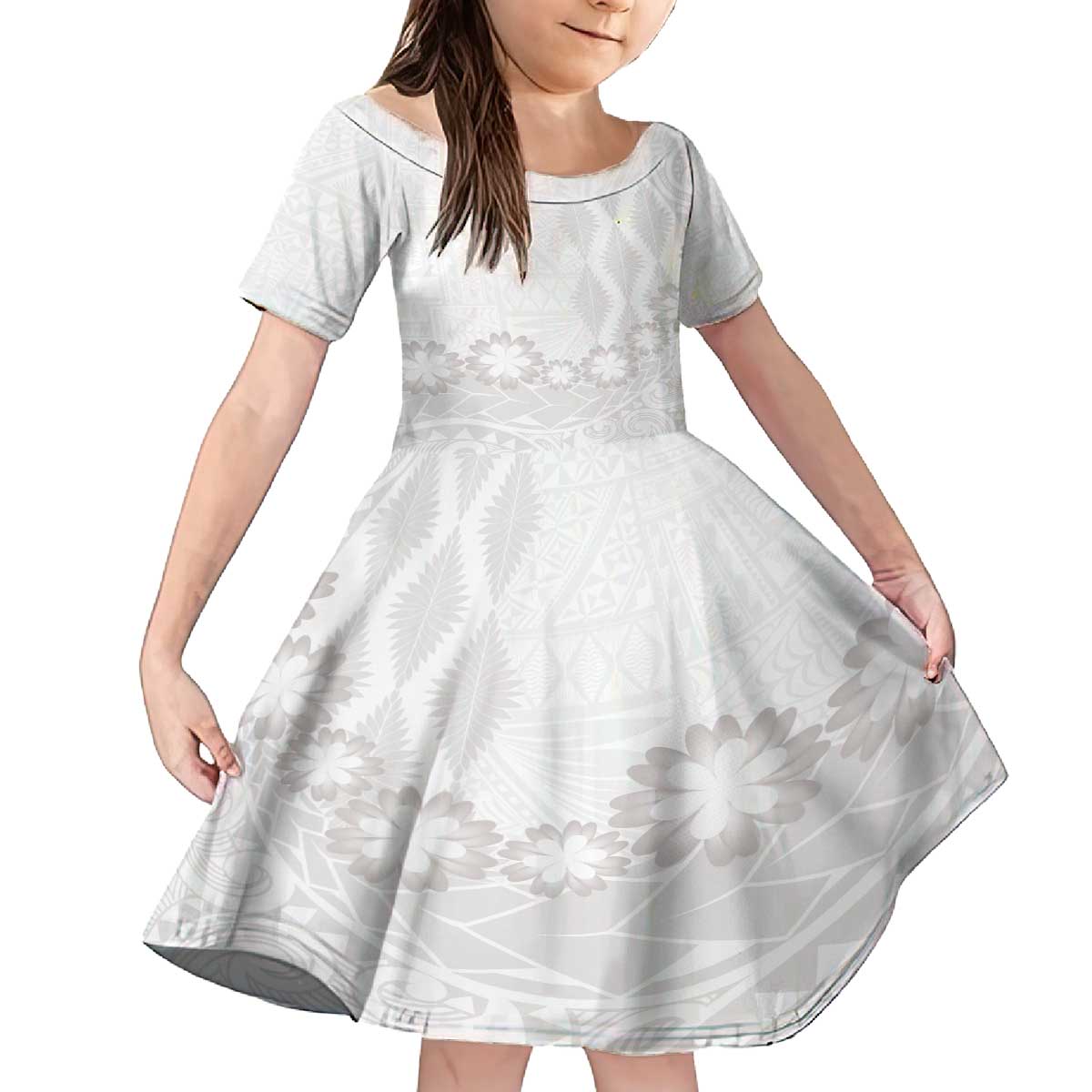 Tonga White Sunday Family Matching Off The Shoulder Long Sleeve Dress and Hawaiian Shirt Manuia le Aso Sa o Tamaiti Heilala With Ngatu Pattern LT14 Daughter's Dress White - Polynesian Pride