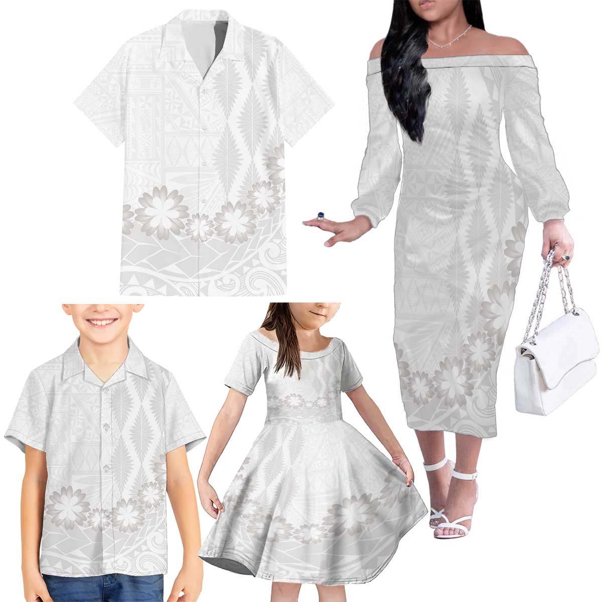 Tonga White Sunday Family Matching Off The Shoulder Long Sleeve Dress and Hawaiian Shirt Manuia le Aso Sa o Tamaiti Heilala With Ngatu Pattern LT14 - Polynesian Pride