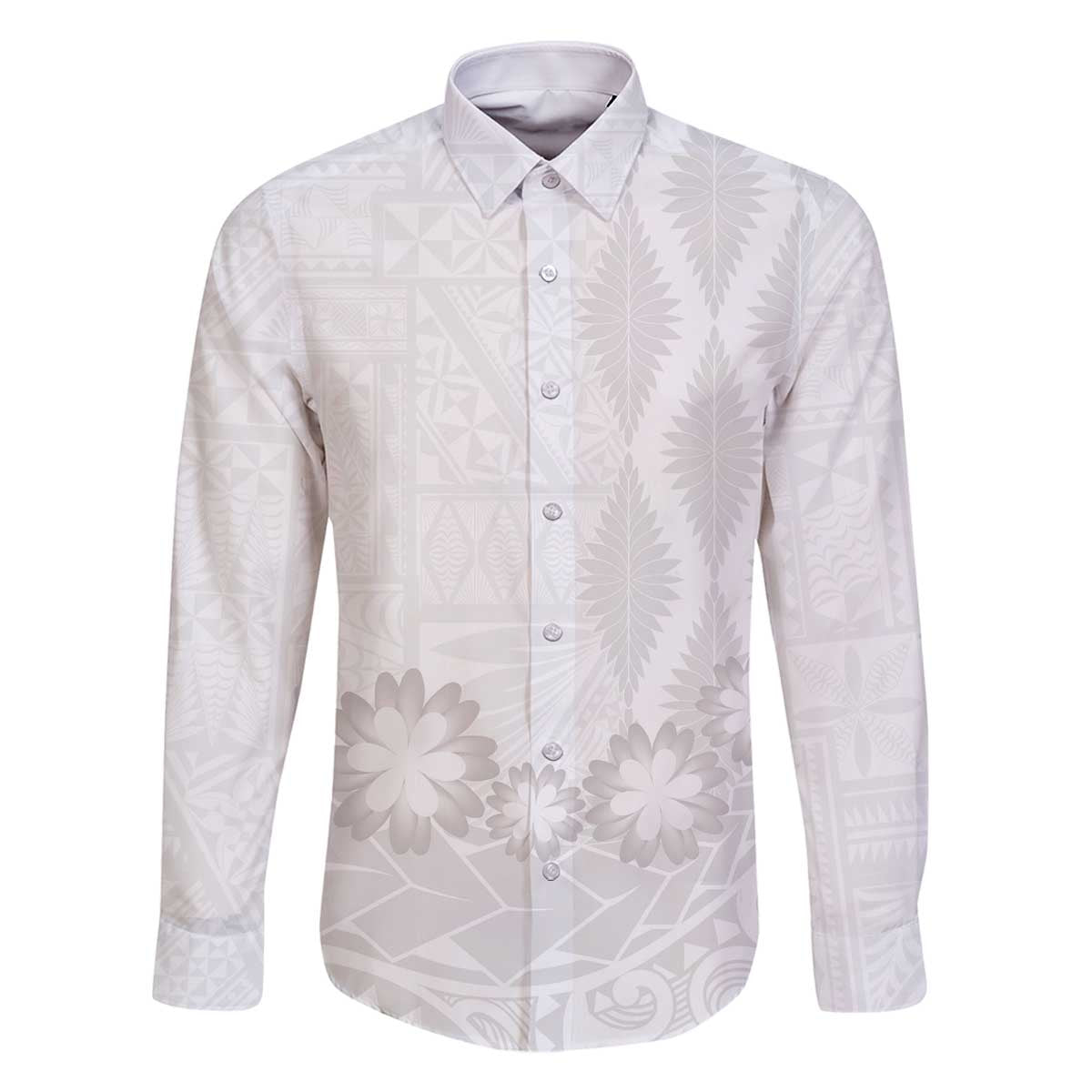 Tonga White Sunday Family Matching Off The Shoulder Long Sleeve Dress and Hawaiian Shirt Manuia le Aso Sa o Tamaiti Heilala With Ngatu Pattern LT14 Dad's Shirt - Long Sleeve White - Polynesian Pride