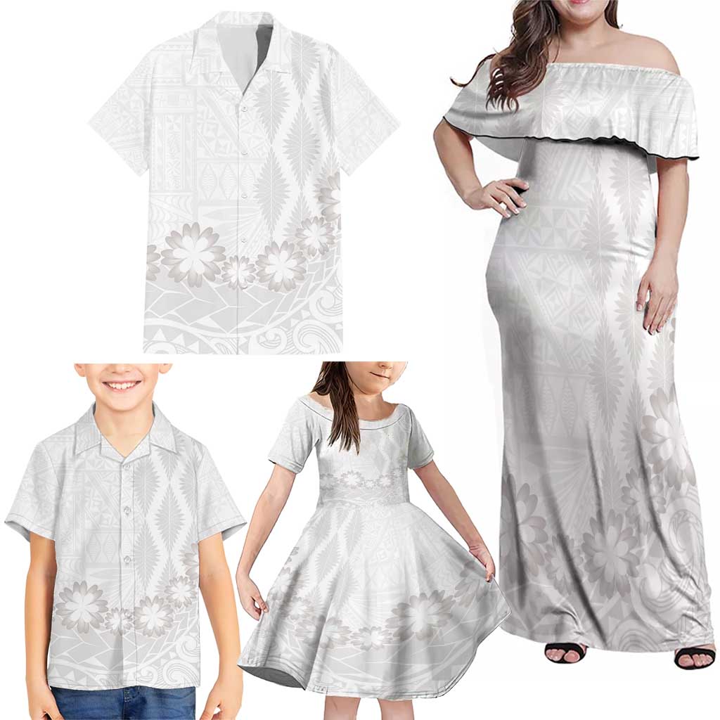 Tonga White Sunday Family Matching Off Shoulder Maxi Dress and Hawaiian Shirt Manuia le Aso Sa o Tamaiti Heilala With Ngatu Pattern LT14 - Polynesian Pride
