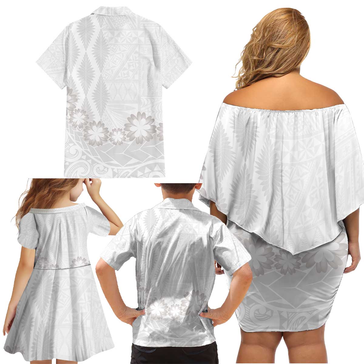 Tonga White Sunday Family Matching Off Shoulder Short Dress and Hawaiian Shirt Manuia le Aso Sa o Tamaiti Heilala With Ngatu Pattern LT14 - Polynesian Pride