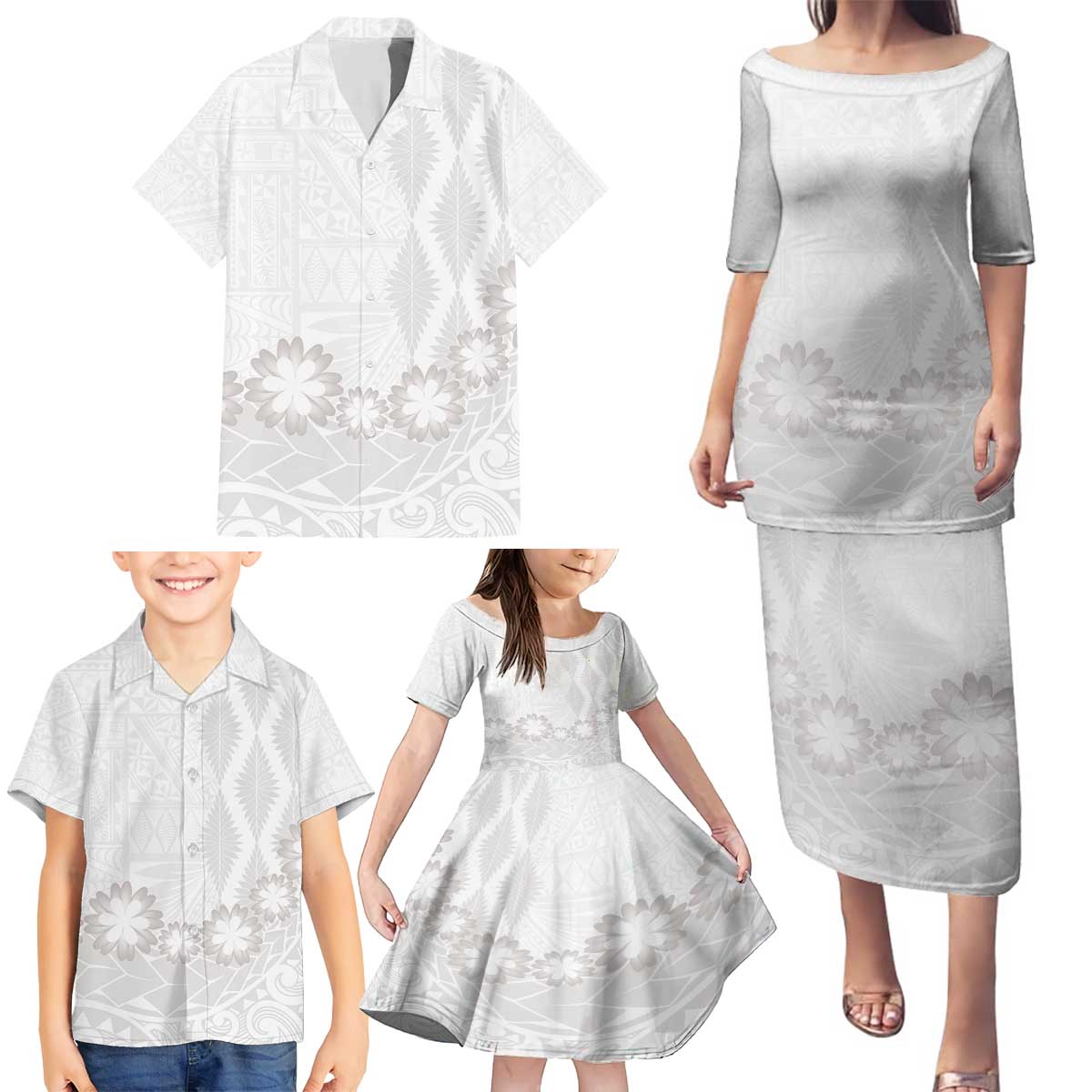Tonga White Sunday Family Matching Puletasi and Hawaiian Shirt Manuia le Aso Sa o Tamaiti Heilala With Ngatu Pattern LT14 - Polynesian Pride