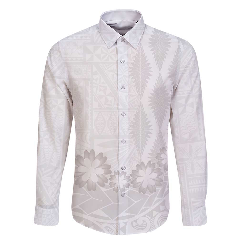 Tonga White Sunday Family Matching Short Sleeve Bodycon Dress and Hawaiian Shirt Manuia le Aso Sa o Tamaiti Heilala With Ngatu Pattern LT14 Dad's Shirt - Long Sleeve White - Polynesian Pride