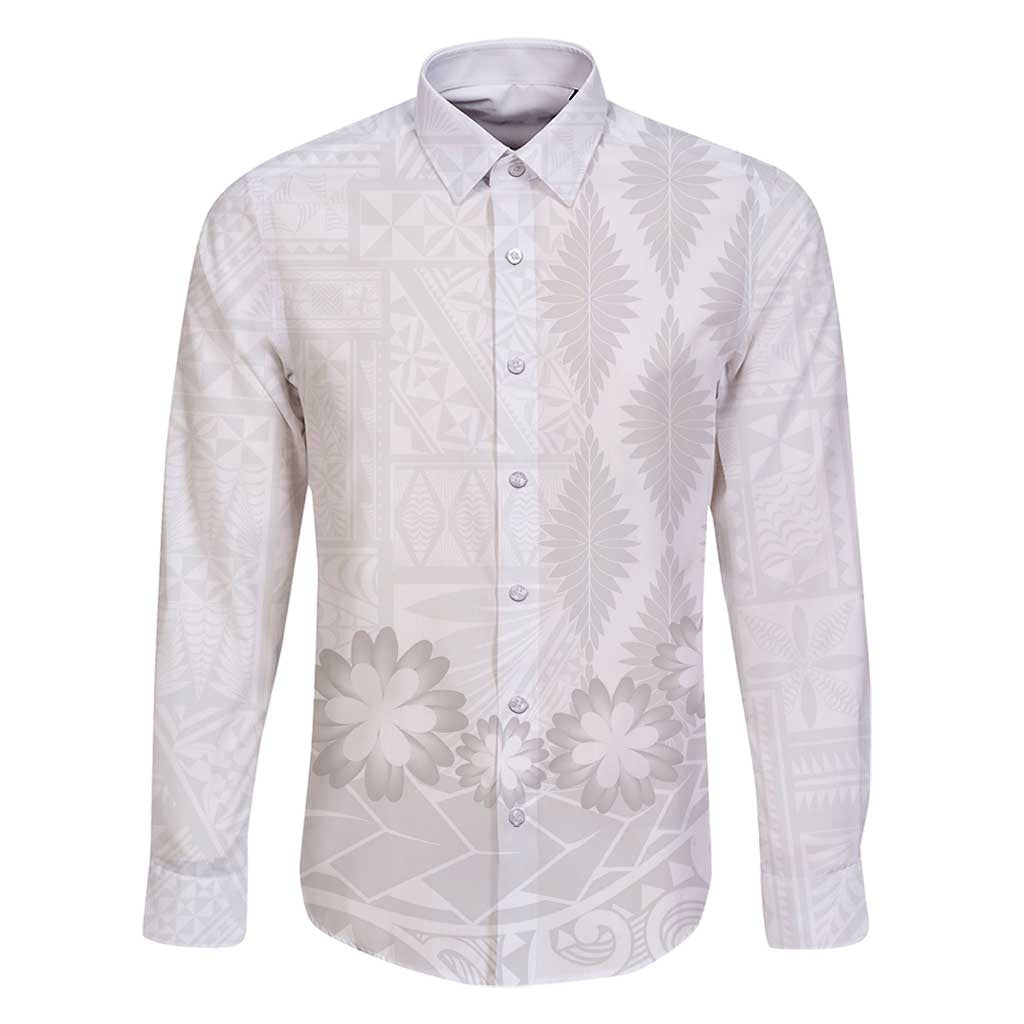 Tonga White Sunday Family Matching Summer Maxi Dress and Hawaiian Shirt Manuia le Aso Sa o Tamaiti Heilala With Ngatu Pattern LT14 Dad's Shirt - Long Sleeve White - Polynesian Pride