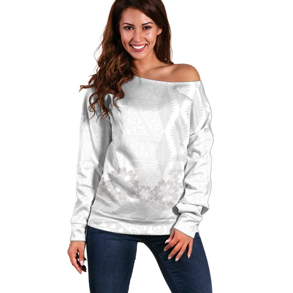 Tonga White Sunday Off Shoulder Sweater Manuia le Aso Sa o Tamaiti Heilala With Ngatu Pattern LT14 Women White - Polynesian Pride