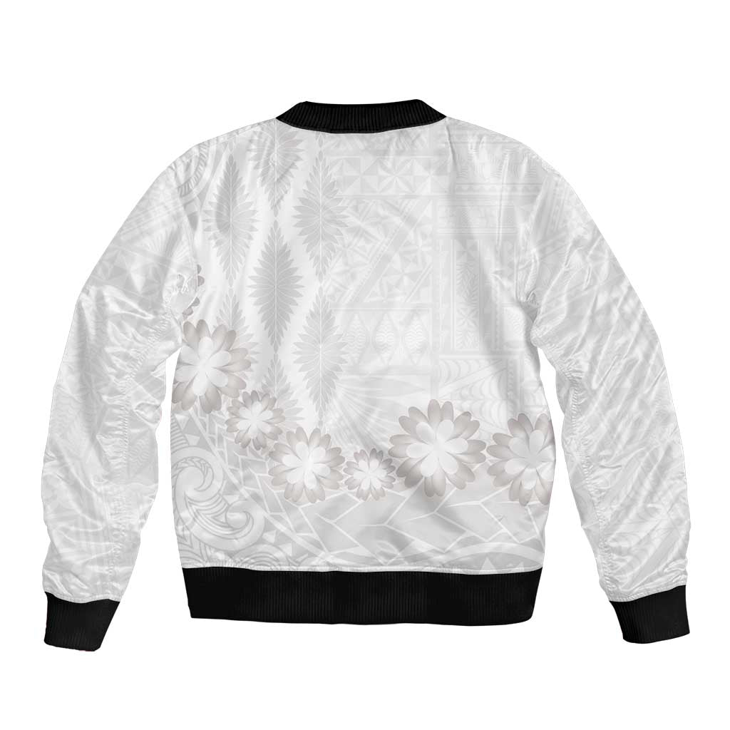 Tonga White Sunday Sleeve Zip Bomber Jacket Manuia le Aso Sa o Tamaiti Heilala With Ngatu Pattern