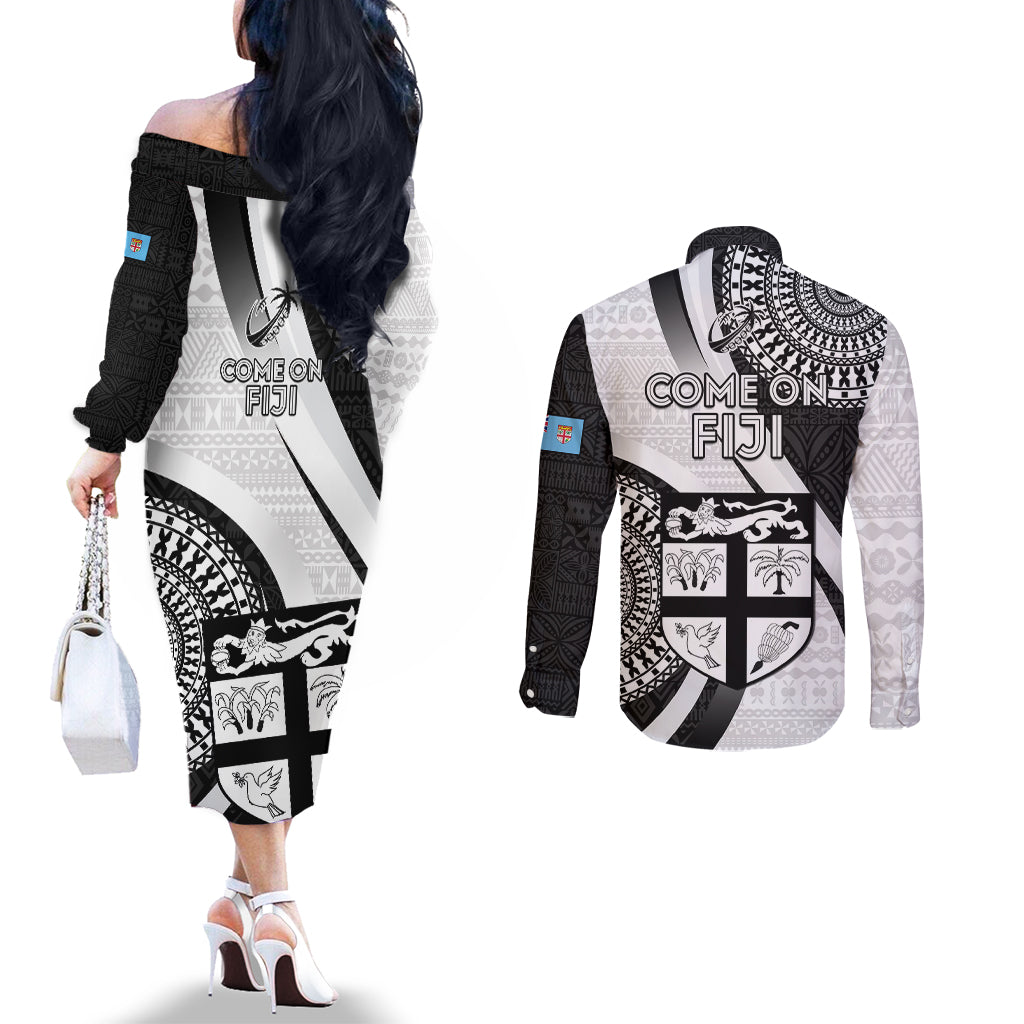 Fiji Rugby Couples Matching Off The Shoulder Long Sleeve Dress and Long Sleeve Button Shirts World Cup 2023 Go Champions Fijian Tapa Black Version LT14 - Polynesian Pride